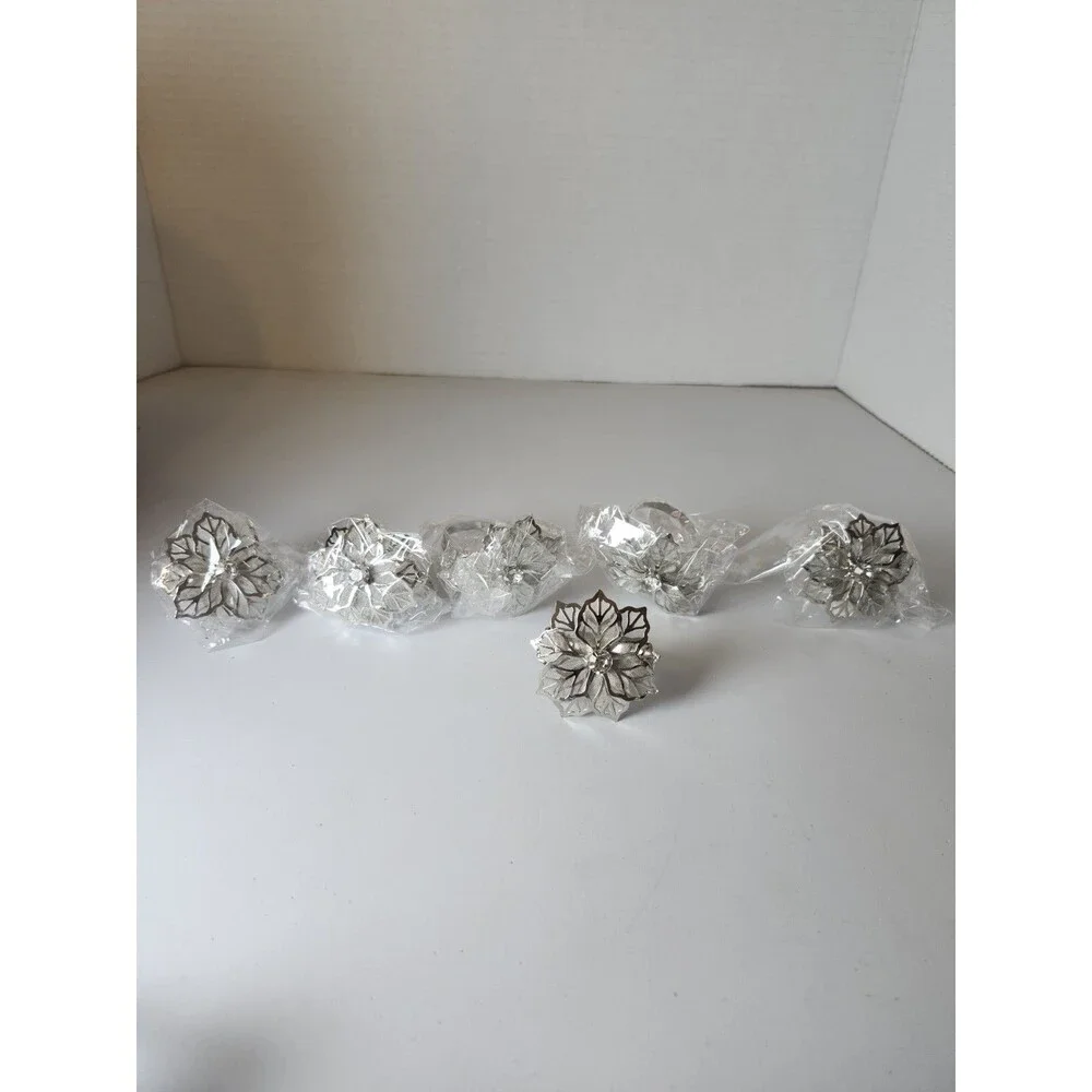 Lot Of 6 Silver Flower With Rinestone Napkin Holders